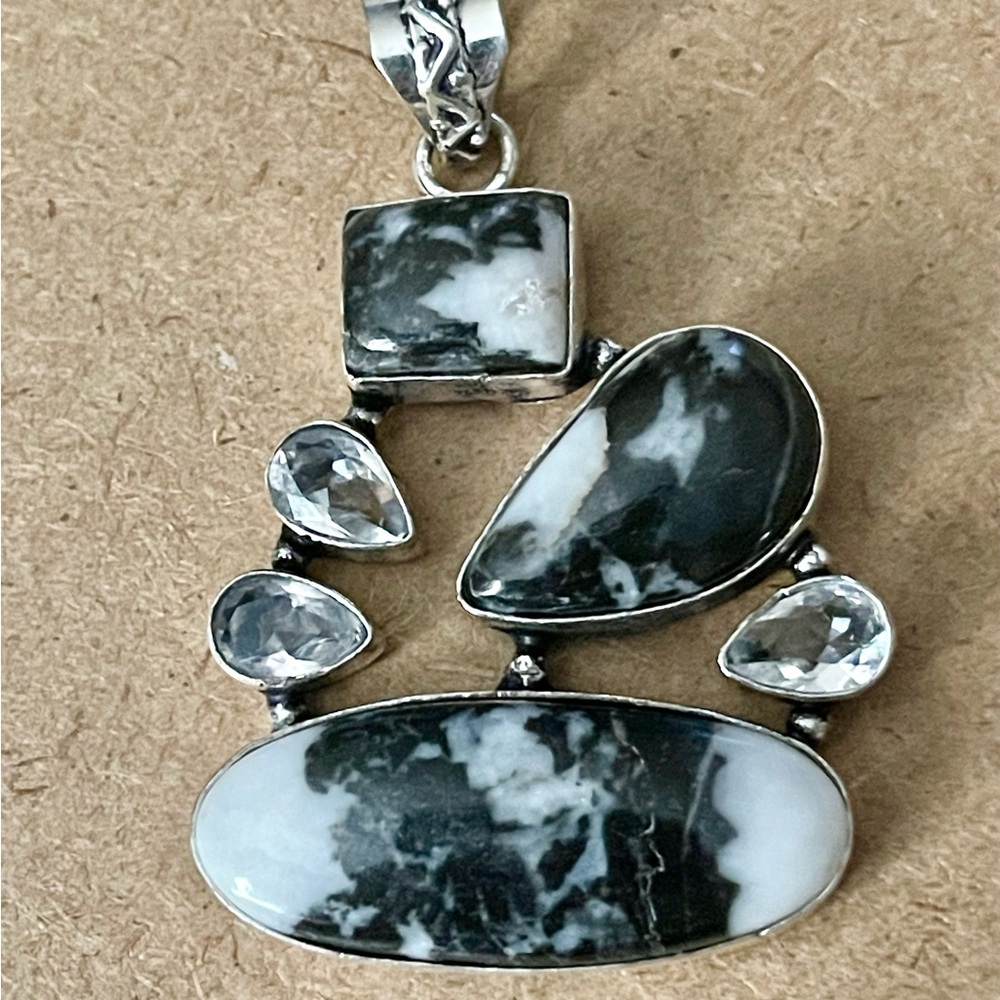 Unique Buffalo Jasper/White Topaz Pendant Necklace - 925 Plated/Stamped